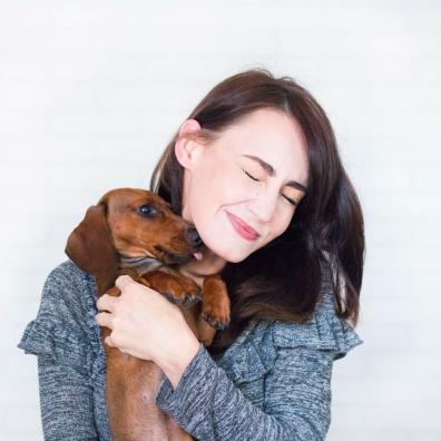 Woman In Grey Top Hugging Brown Dachshund Woman In Grey Top Hugging Brown Dachshund